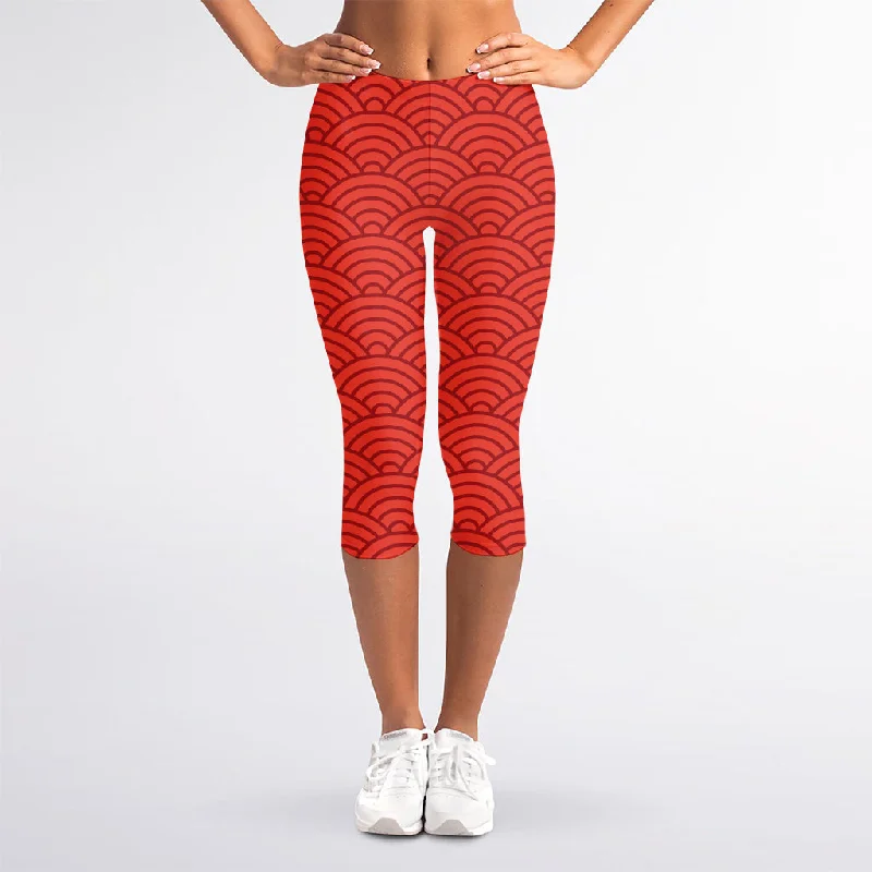 Red Chinese Pattern Print Women's Capri Leggings Stylish Printed Sport Leggings