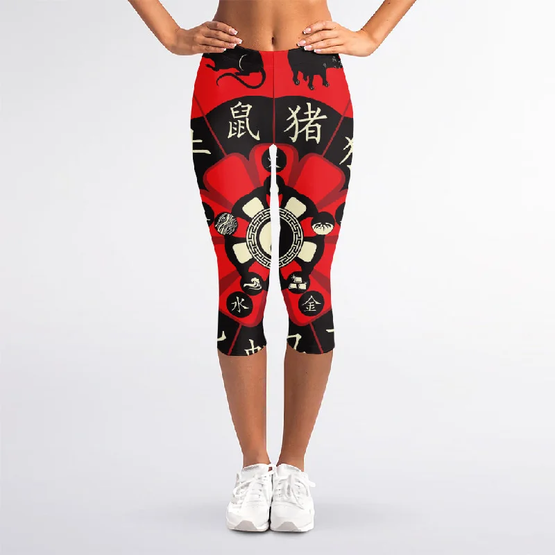 Red Chinese Zodiac Wheel Print Women's Capri Leggings Comfortable Ribbed Sports Leggings