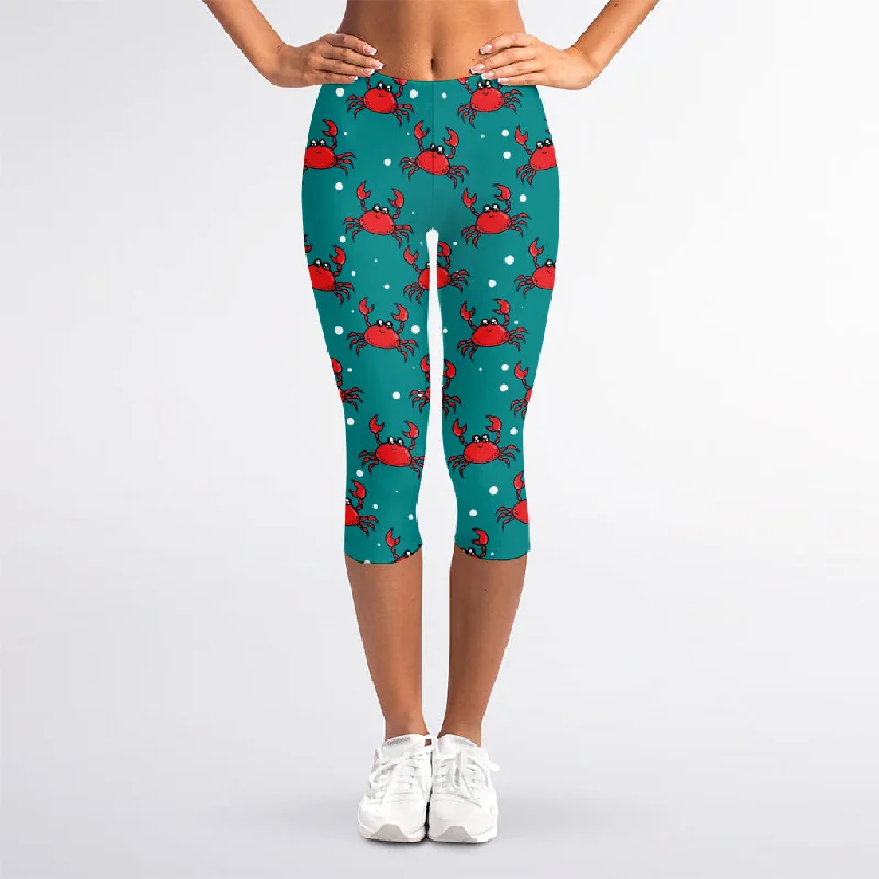 Red Crab Pattern Print Women's Capri Leggings Trendy Colorblock Print Leggings