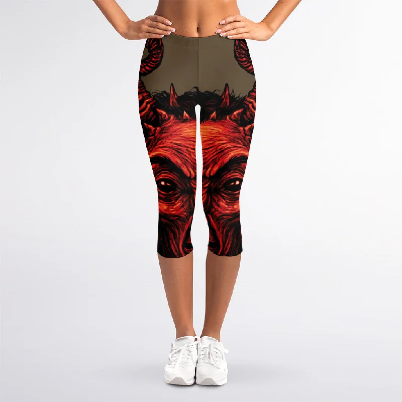 Red Devil Satan Print Women's Capri Leggings Fashionable Quick-Dry Yoga Pants