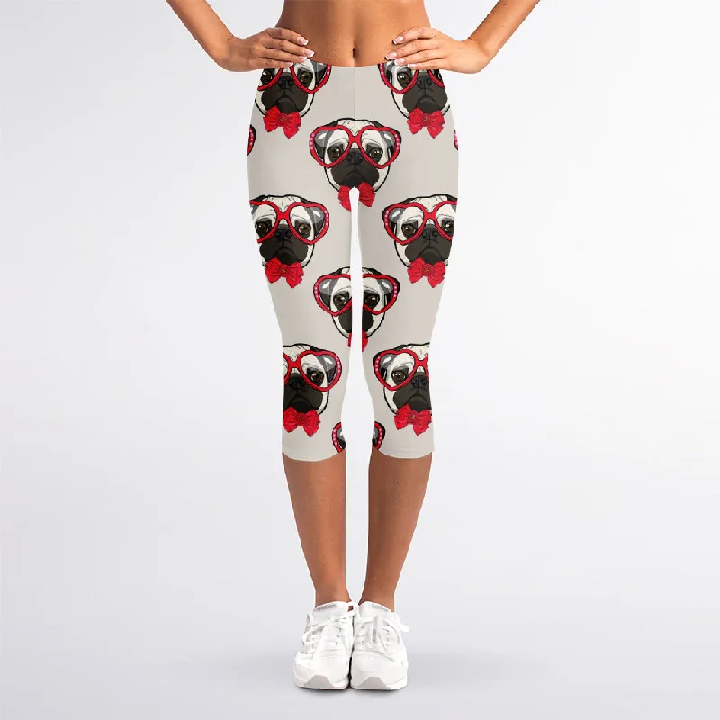 Red Glasses Pug Pattern Print Women's Capri Leggings Elegant Sheer Leggings