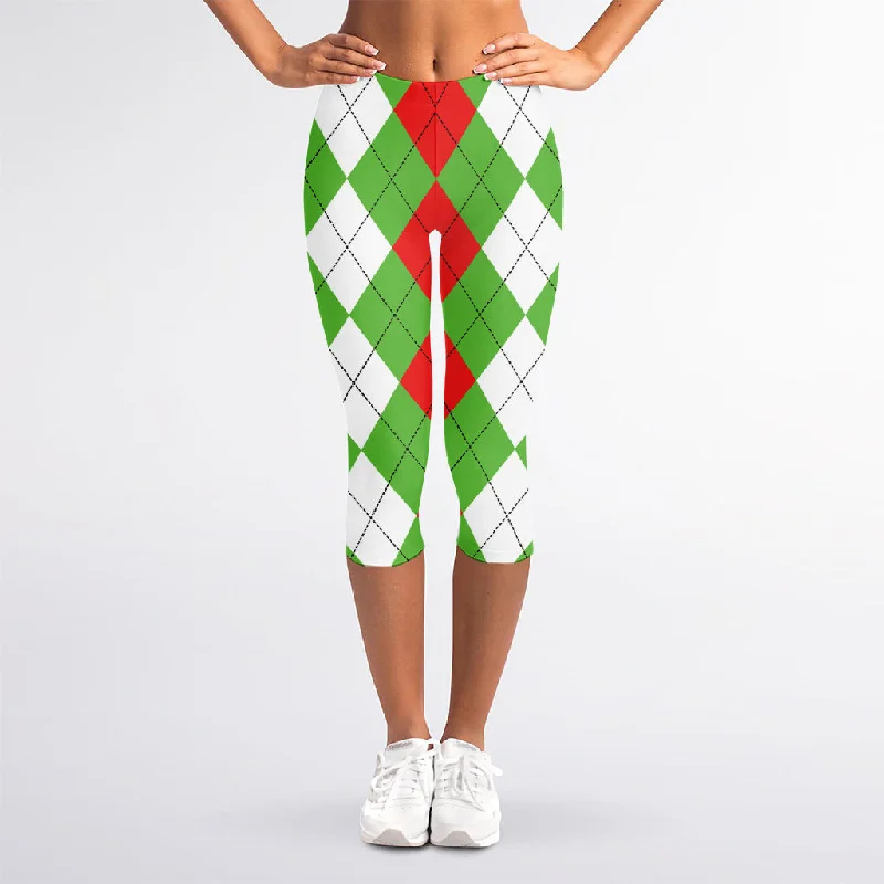 Red Green And White Argyle Pattern Print Women's Capri Leggings Fashionable Embroidered Detail Leggings