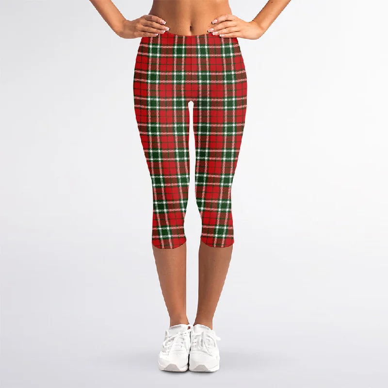 Red Green And White Tartan Pattern Print Women's Capri Leggings Trendy Cold Weather Tights