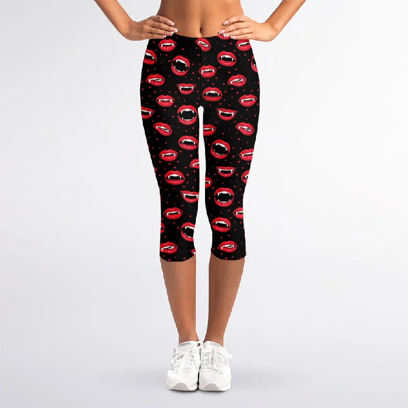 Red Halloween Vampire Lips Pattern Print Women's Capri Leggings Trendy Sporty Compression Leggings