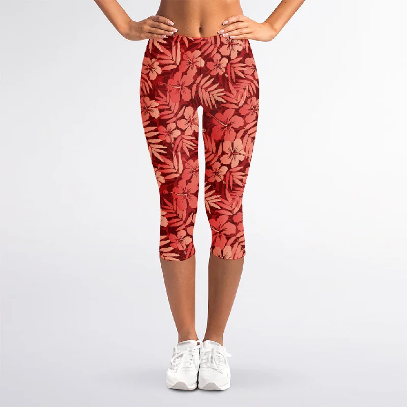 Red Hawaiian Tropical Pattern Print Women's Capri Leggings Fashionable Plus-Size Activewear