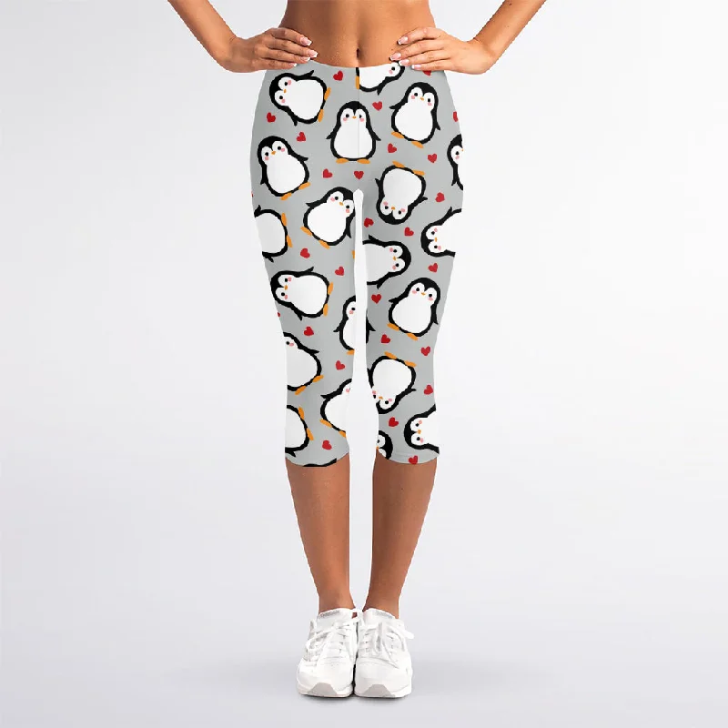 Red Heart And Penguin Pattern Print Women's Capri Leggings Stylish Everyday Leggings