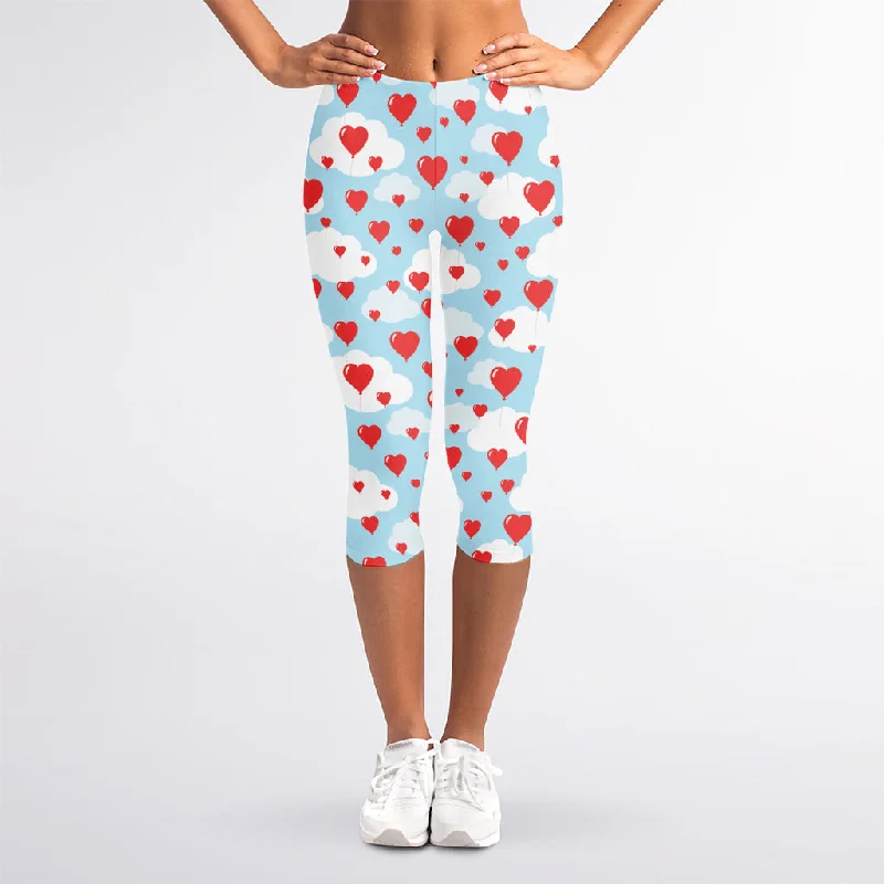 Red Heart Balloon Pattern Print Women's Capri Leggings Fashionable High-Rise Workout Leggings