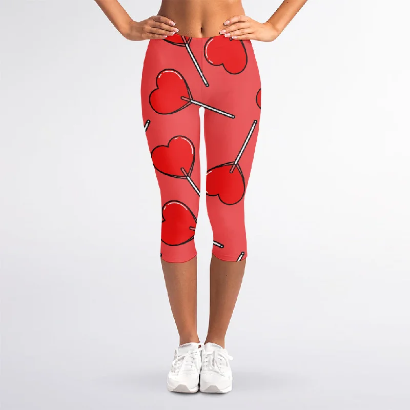 Red Heart Lollipop Pattern Print Women's Capri Leggings Elegant Textured Leggings