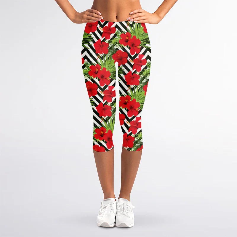 Red Hibiscus Chevron Pattern Print Women's Capri Leggings Comfortable Ribbed Waistband Leggings