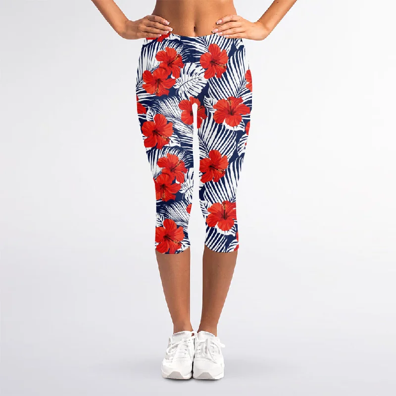 Red Hibiscus Tropical Pattern Print Women's Capri Leggings Elegant Full-Body Leggings