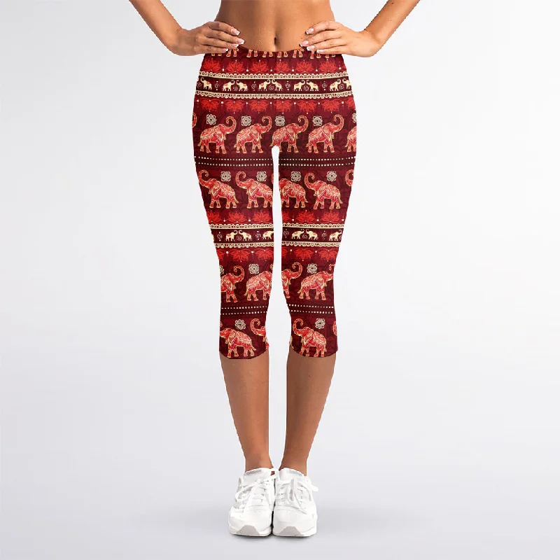 Red Indian Elephant Pattern Print Women's Capri Leggings Fashionable Sports Compression Leggings