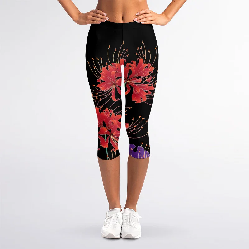 Red Japanese Amaryllis Pattern Print Women's Capri Leggings Comfortable Cold Weather Leggings