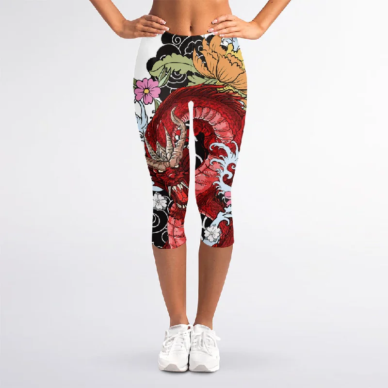 Red Japanese Dragon Tattoo Print Women's Capri Leggings Chic Printed Yoga Pants