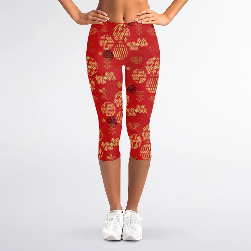 Red Japanese Pattern Print Women's Capri Leggings Stylish Stretch Pants Leggings