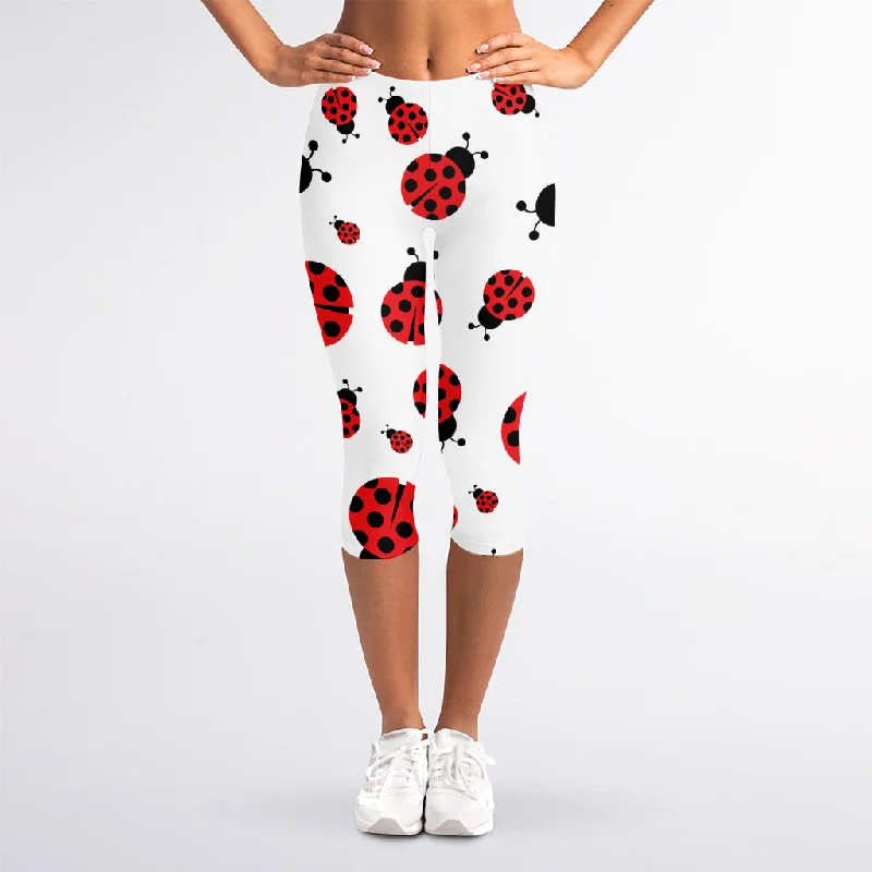 Red Ladybug Pattern Print Women's Capri Leggings Stylish Faux Leather Leggings