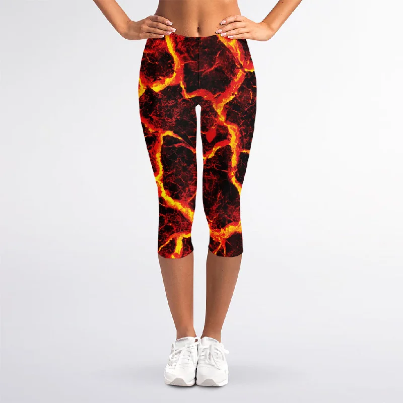 Red Lava Print Women's Capri Leggings Trendy Spandex Leggings