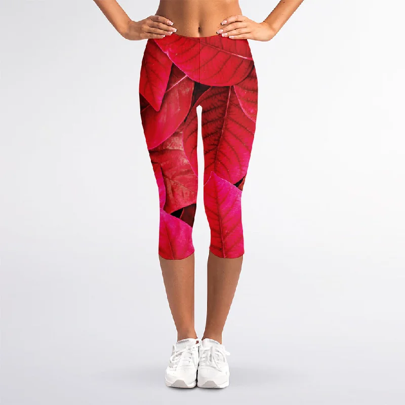 Red Leaf Print Women's Capri Leggings Fashionable Sports Leggings