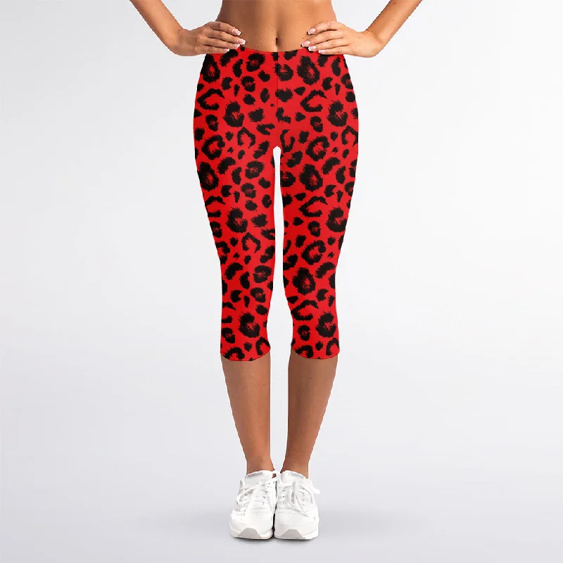 Red Leopard Print Women's Capri Leggings Comfortable Slip-On Leggings