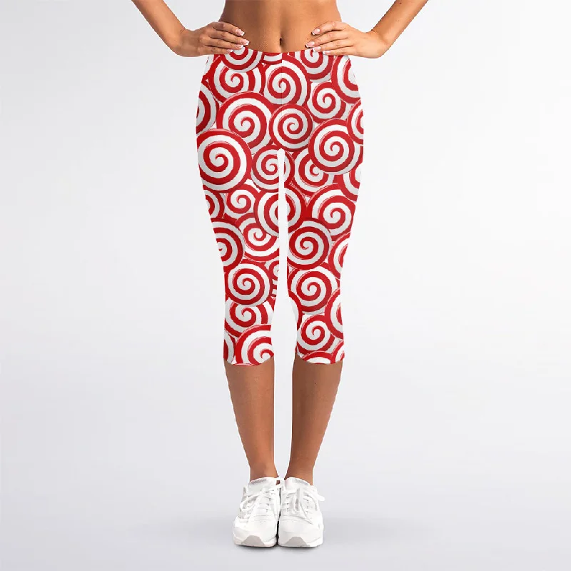 Red Lollipop Candy Pattern Print Women's Capri Leggings Comfortable Yoga Tights Leggings