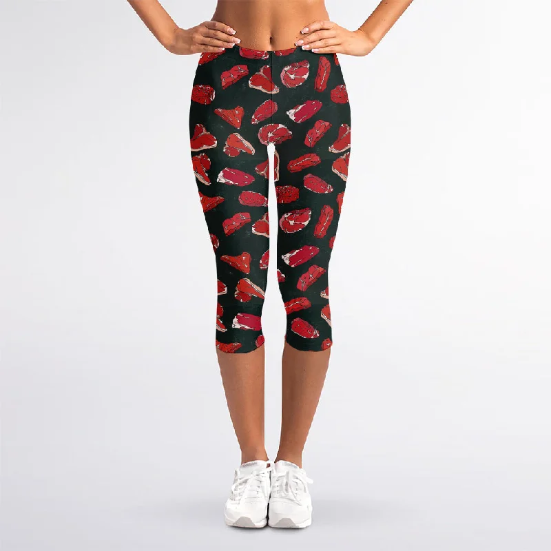 Red Meat Pattern Print Women's Capri Leggings Trendy Foil Finish Leggings