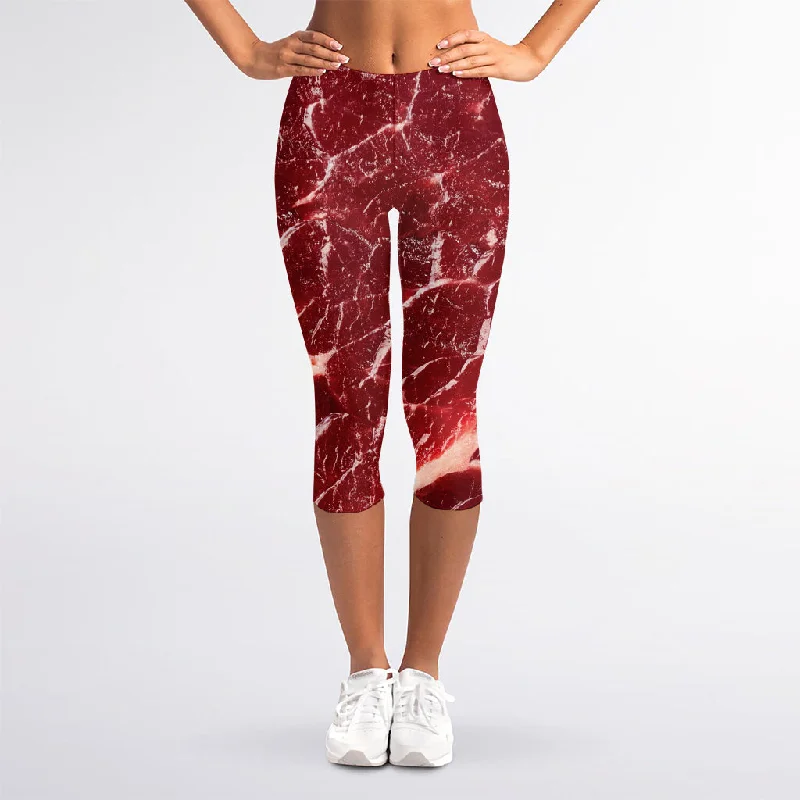 Red Meat Print Women's Capri Leggings Cozy Full-Length Workout Leggings