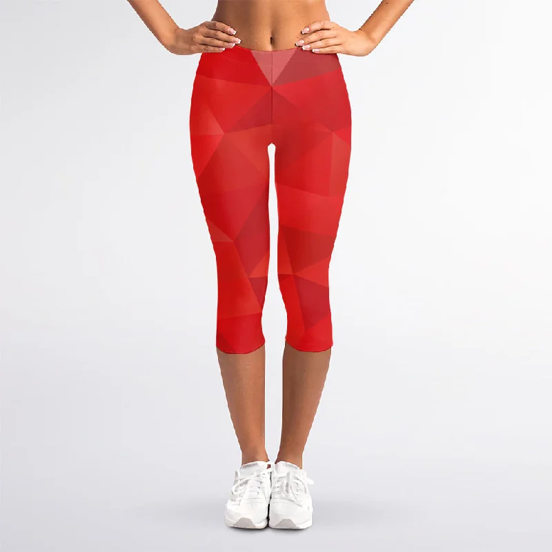 Red Polygonal Geometric Print Women's Capri Leggings Stylish Stretch-Waist Leggings