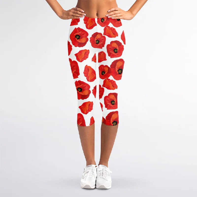 Red Poppy Pattern Print Women's Capri Leggings Trendy Mesh Leggings