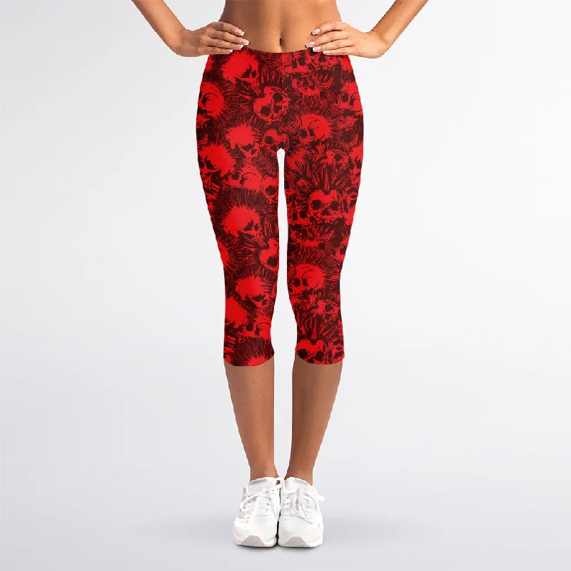 Red Punk Skull Pattern Print Women's Capri Leggings Fashionable Tummy Control Leggings