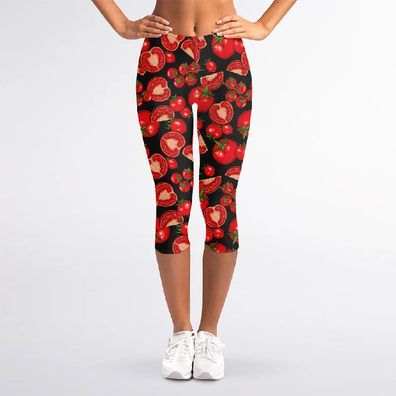 Red Ripe Tomatoes Pattern Print Women's Capri Leggings Elegant Velvet Leggings