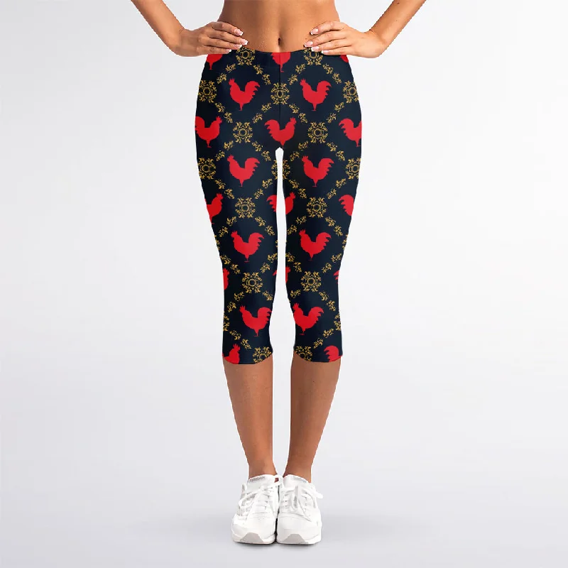 Red Rooster Pattern Print Women's Capri Leggings Classic Solid Color Leggings