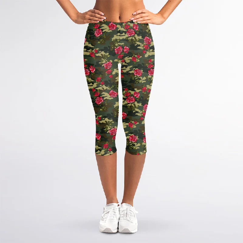 Red Rose Flower Camouflage Print Women's Capri Leggings Trendy Patterned Leggings