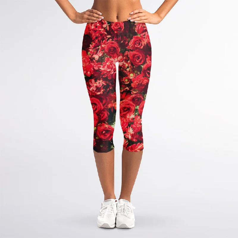 Red Rose Flower Print Women's Capri Leggings Comfortable Compression Leggings