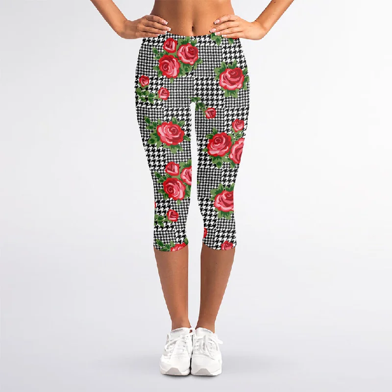 Red Roses Houndstooth Pattern Print Women's Capri Leggings Casual Sporty Leggings