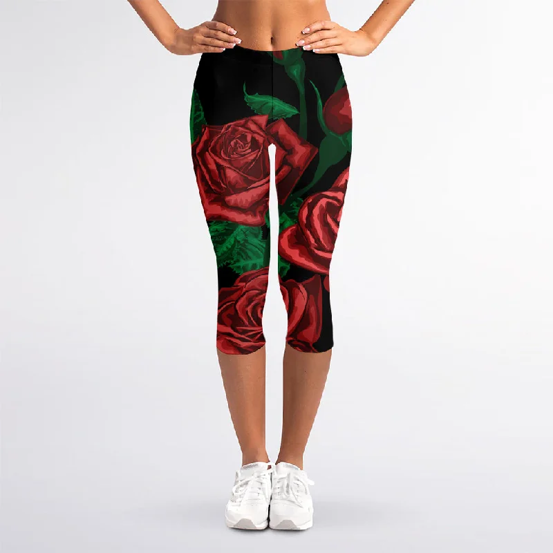 Red Roses Tattoo Print Women's Capri Leggings Comfortable Wide-Band Leggings