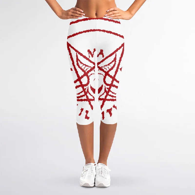 Red Satanic Pentagram Symbol Print Women's Capri Leggings Comfortable Stretch Leggings