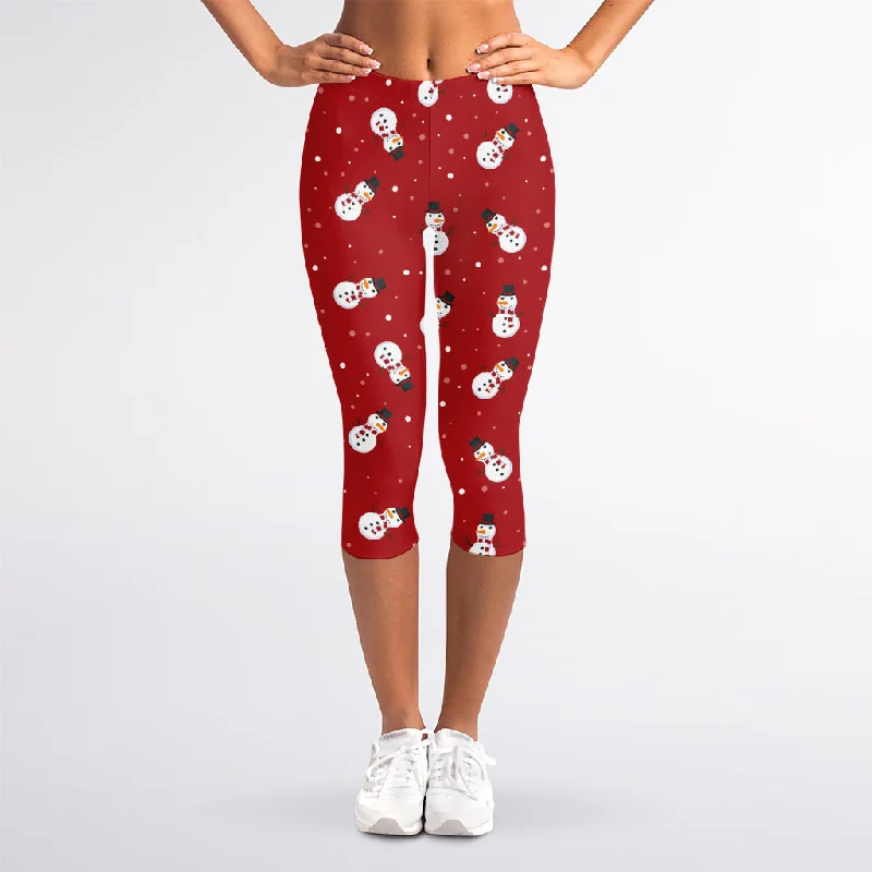 Red Snowman Pattern Print Women's Capri Leggings Trendy Flared Leggings