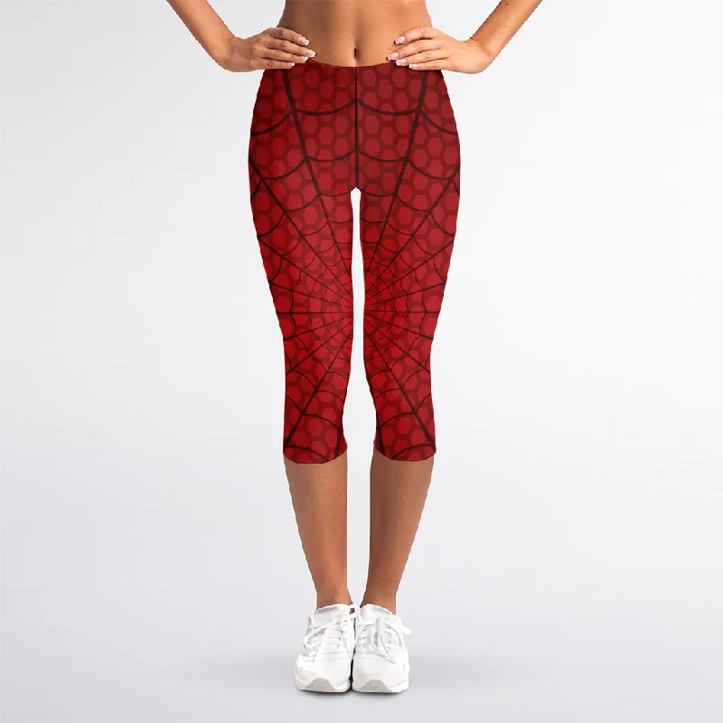 Red Spider Web Print Women's Capri Leggings Trendy Colorblock Print Leggings