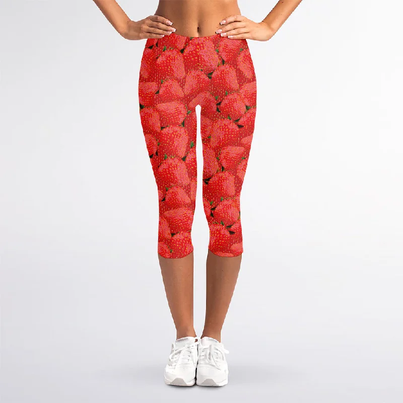 Red Strawberry Pattern Print Women's Capri Leggings Fashionable Full-Length Active Leggings