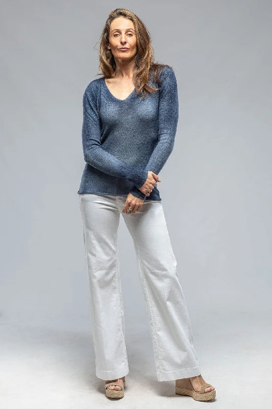 Sali Bi-Color V-Neck Sweater In Blue Turtle Neck Boat Neck Asymmetrical Neck