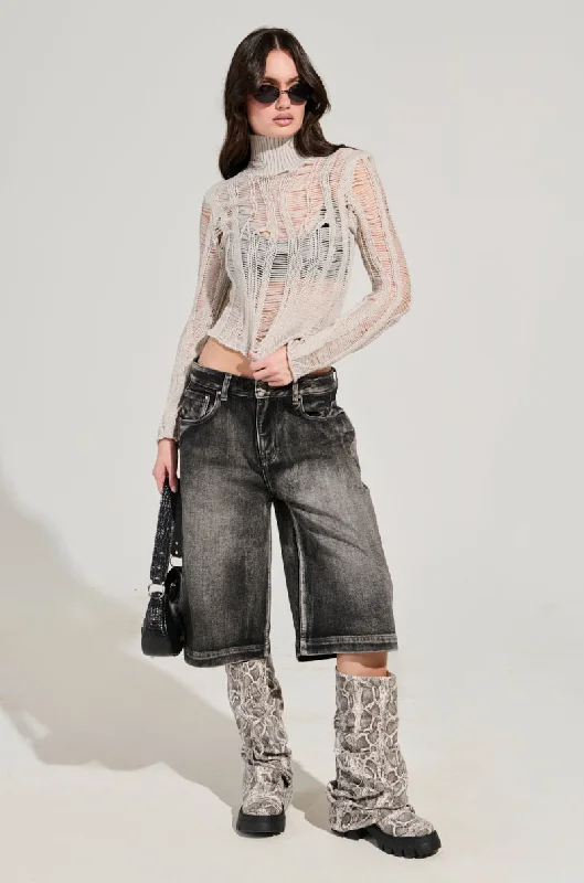 SEXY LOOSE WEAVE HIGH NECK SWEATER IN GREY Spandex Rayon Corduroy