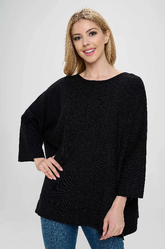 Black Side-Slits Sweater Top Front Pockets Side Pockets Patch Pockets