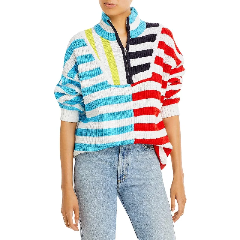 STAUD Womens Hampton Striped Front Half Zip Turtleneck Sweater Boat Neck Shawl Collar Notched Collar
