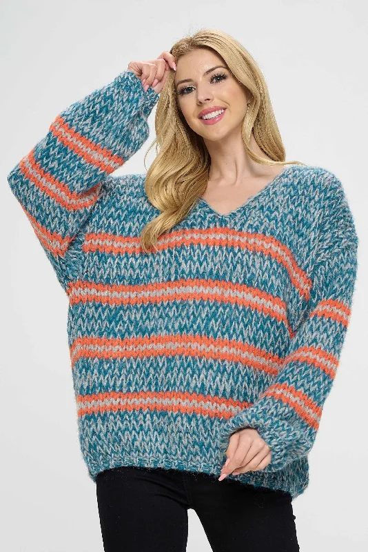 Striking Blue Striped Sweater Top Wool Sweater Cotton Sweater Cashmere Sweater