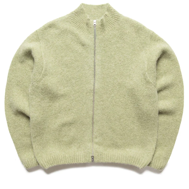 Stussy Brushed Mock Full Zip Sweater - Sage Boat Neck Shawl Collar Notched Collar