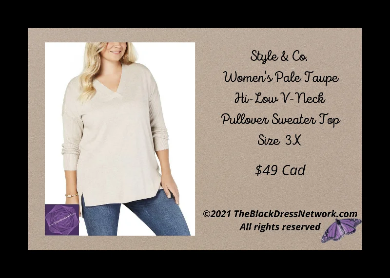 Style and CO Pale Taupe sweater V neck high low Plus 3X Wool Sweater Cotton Sweater Cashmere Sweater