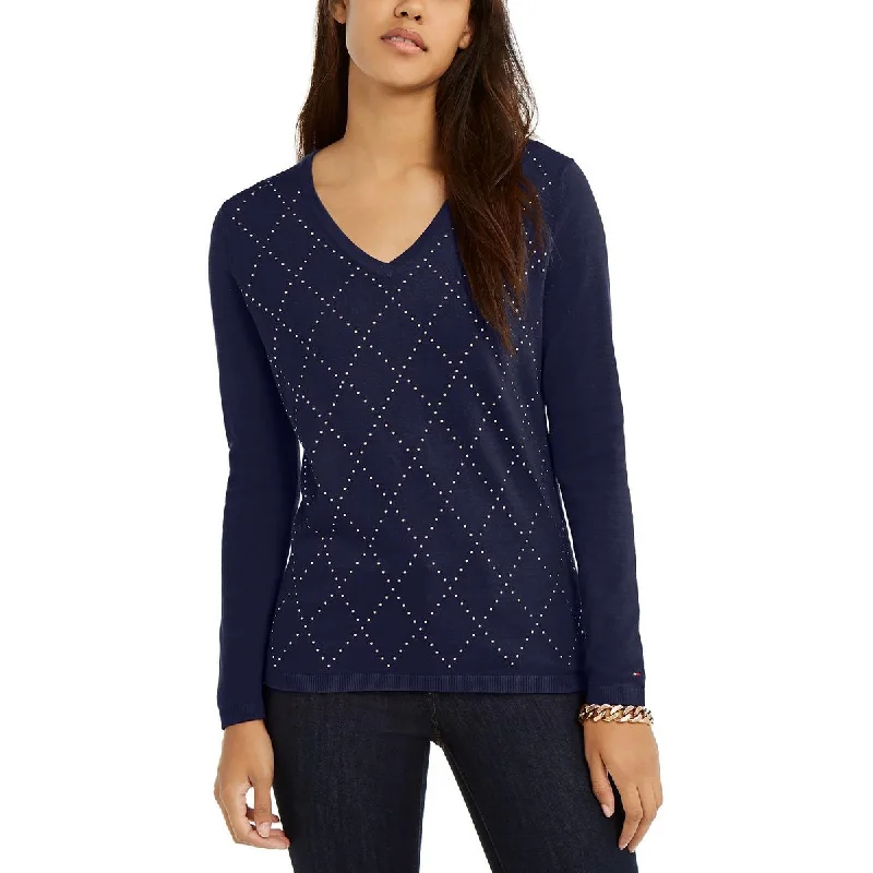 Tommy Hilfiger Womens Cotton Studded Argyle V-Neck Sweater Graphic Sweater Embroidered Appliqued Tommy Hilfiger Womens Cotton Studded Argyle V-Neck Sweater Graphic Sweater Embroidered Appliqued