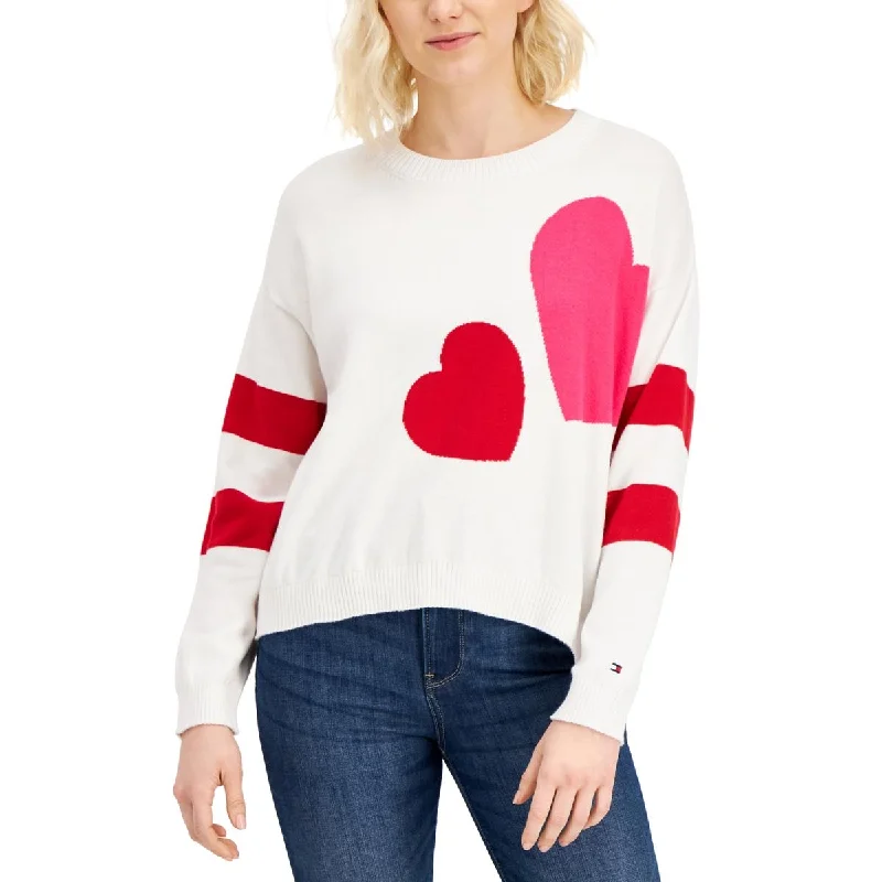 Tommy Hilfiger Womens Double Heart Graphic Stripe Trim Crewneck Sweater Wool Fabric Cashmere Fabric Tweed Fabric Tommy Hilfiger Womens Double Heart Graphic Stripe Trim Crewneck Sweater Wool Fabric Cashmere Fabric Tweed Fabric