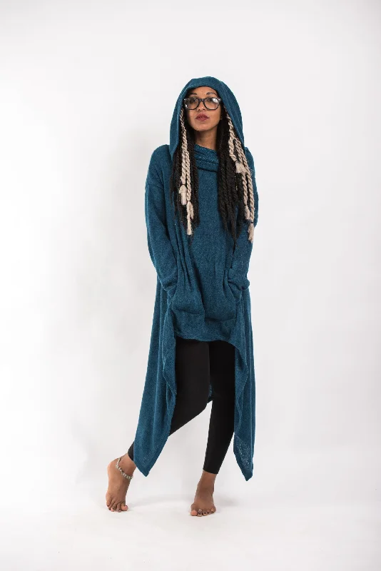 Ultra Long Hooded Sweater in Blue Cable Knit Ribbed Knit Lace Knit