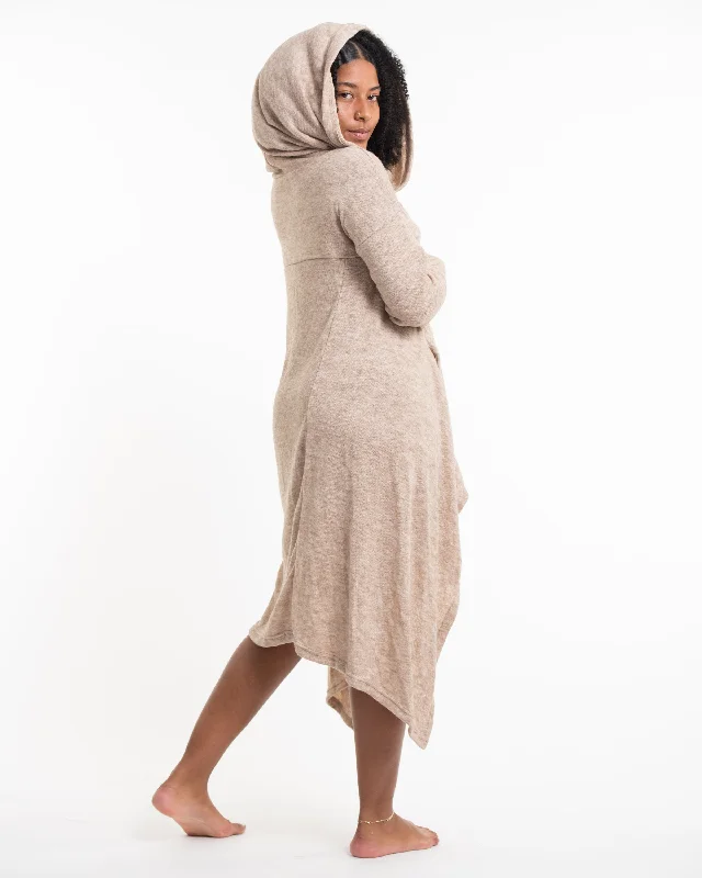 Ultra Long Hooded Sweater in Cream Handmade Hand-knitted Hand-woven