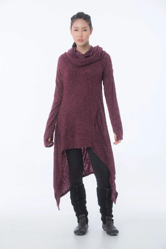 Ultra Long Hooded Sweater in Maroon Terry Blend Velvet Blend Canvas Blend